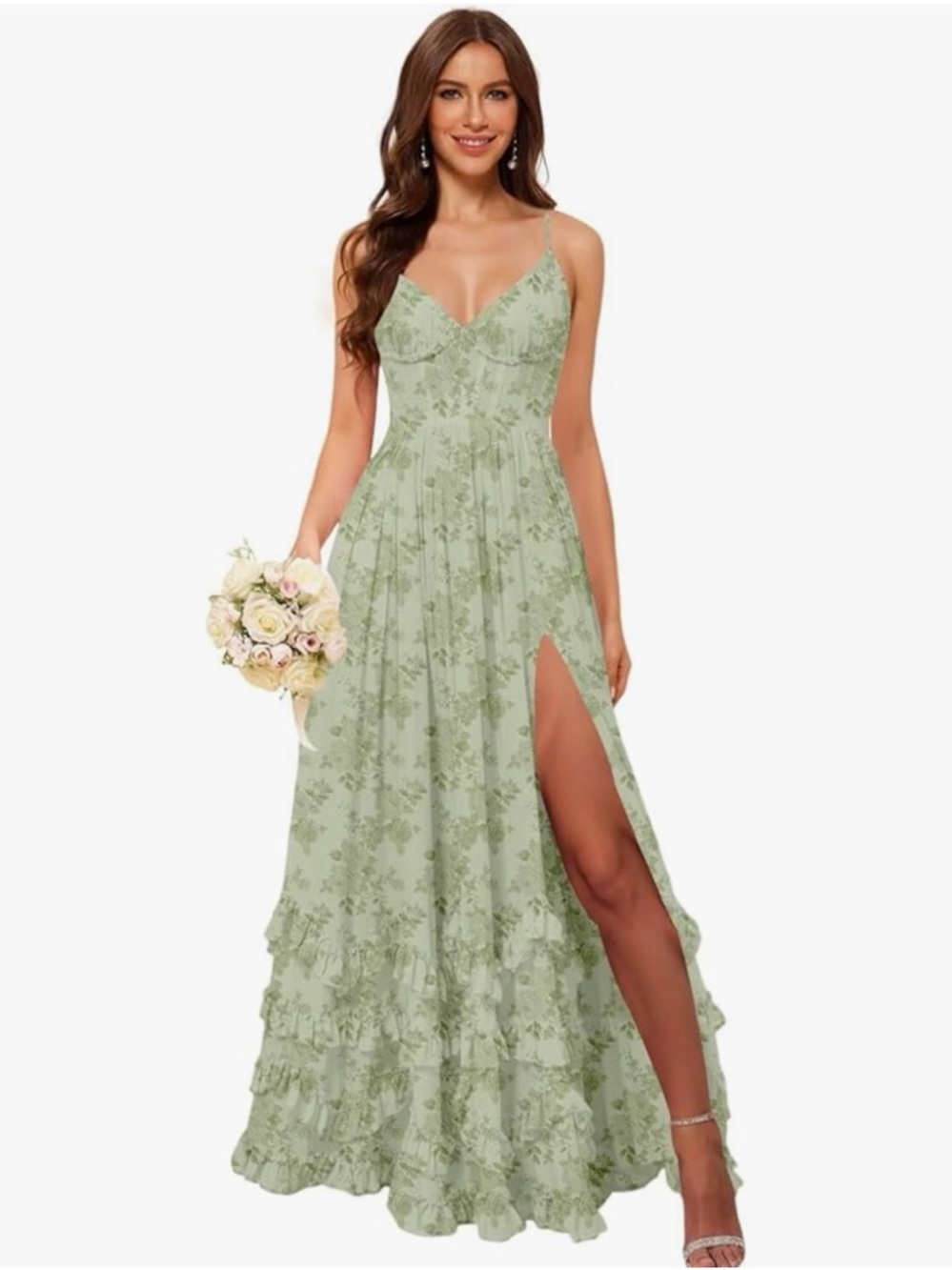 Floral sage green corset chiffon ruffle maxi dress
